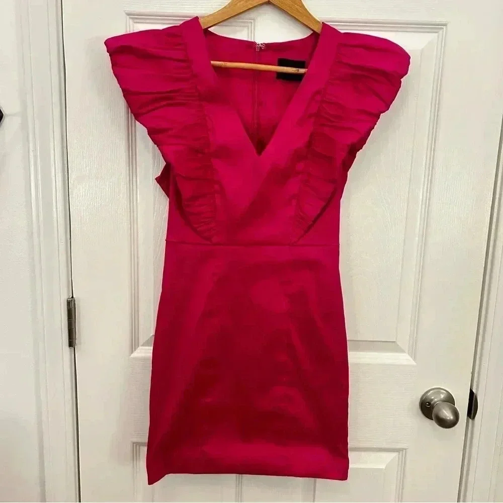 Do + Be • Hot Pink Mini Fitted Cocktail V Neck Ruffle Party Dress Sz M - Picture 4 of 10